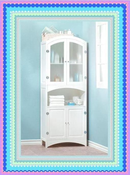 White Storage Cabinet Bathroom GLASS FRONT Shelves Towel Make up 