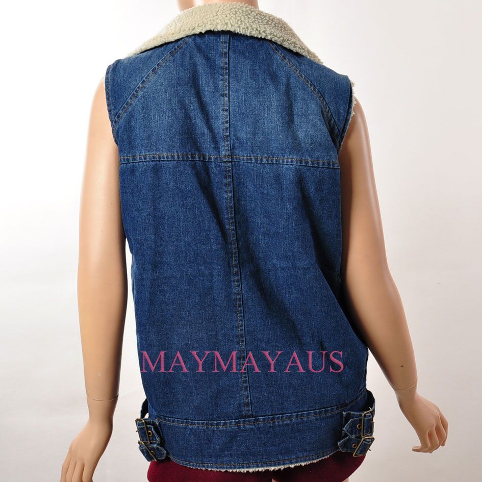 asymmetric zip stone wash denim gilet soft faux shearling lining gilet 