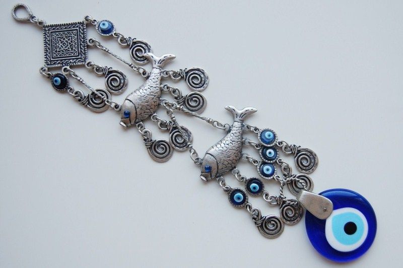   Fish Wall Hanging Amulet Handmade Turkish Silver Plated Evil Eye Bead
