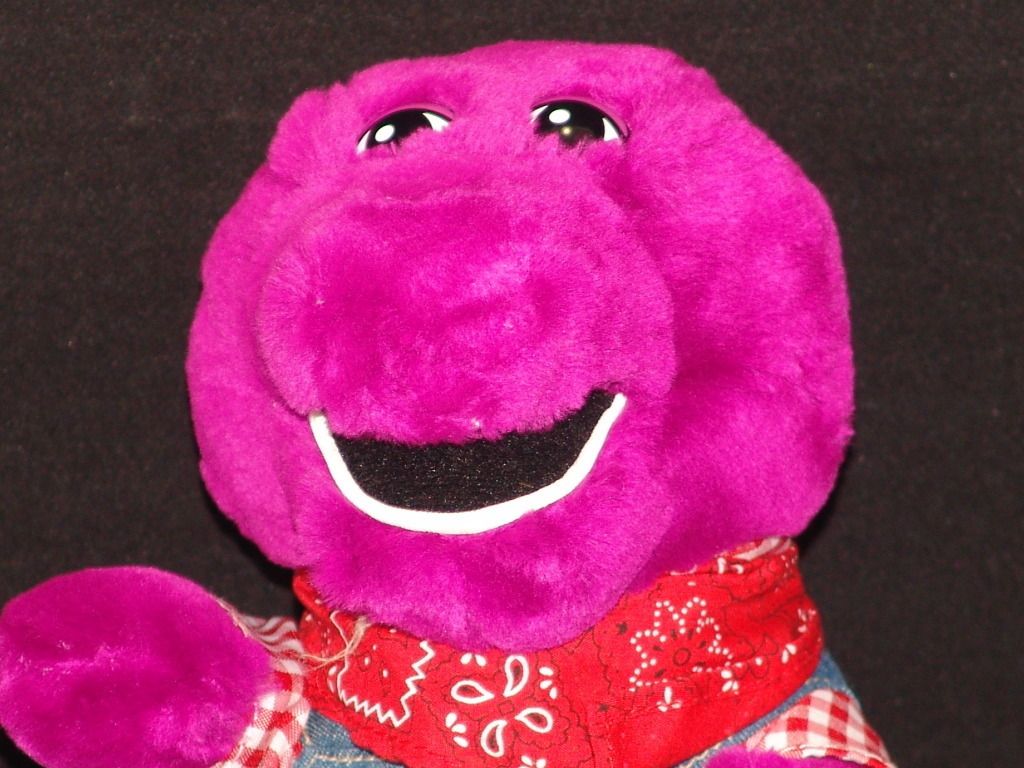 BARNEY THE PURPLE DINOSAUR OLD MCDONALD FARM OVERALLS PLUSH STUFFED 