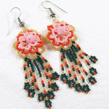 Pink Green Golden Rose Beaded Earrings Handmade Jewelry