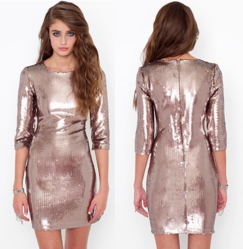 BB Dakota Glamorous Champagne Rose Gold Sequin 3 4 sleeve shift dress 