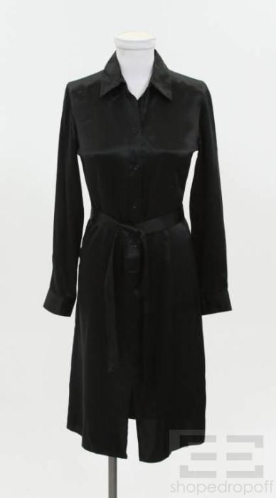 BCBG Max Azria Black Silk Satin Belted Shirt Dress Size 2