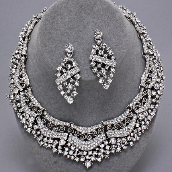    NECKLACE EARRING BRILLIANT BRIDE BEJEWELED Heirloom STATEMENT SET