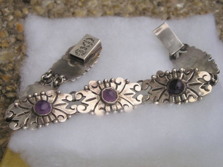 Sterling Mexico Taxco Beto Amethyst Etched Link Bracelet