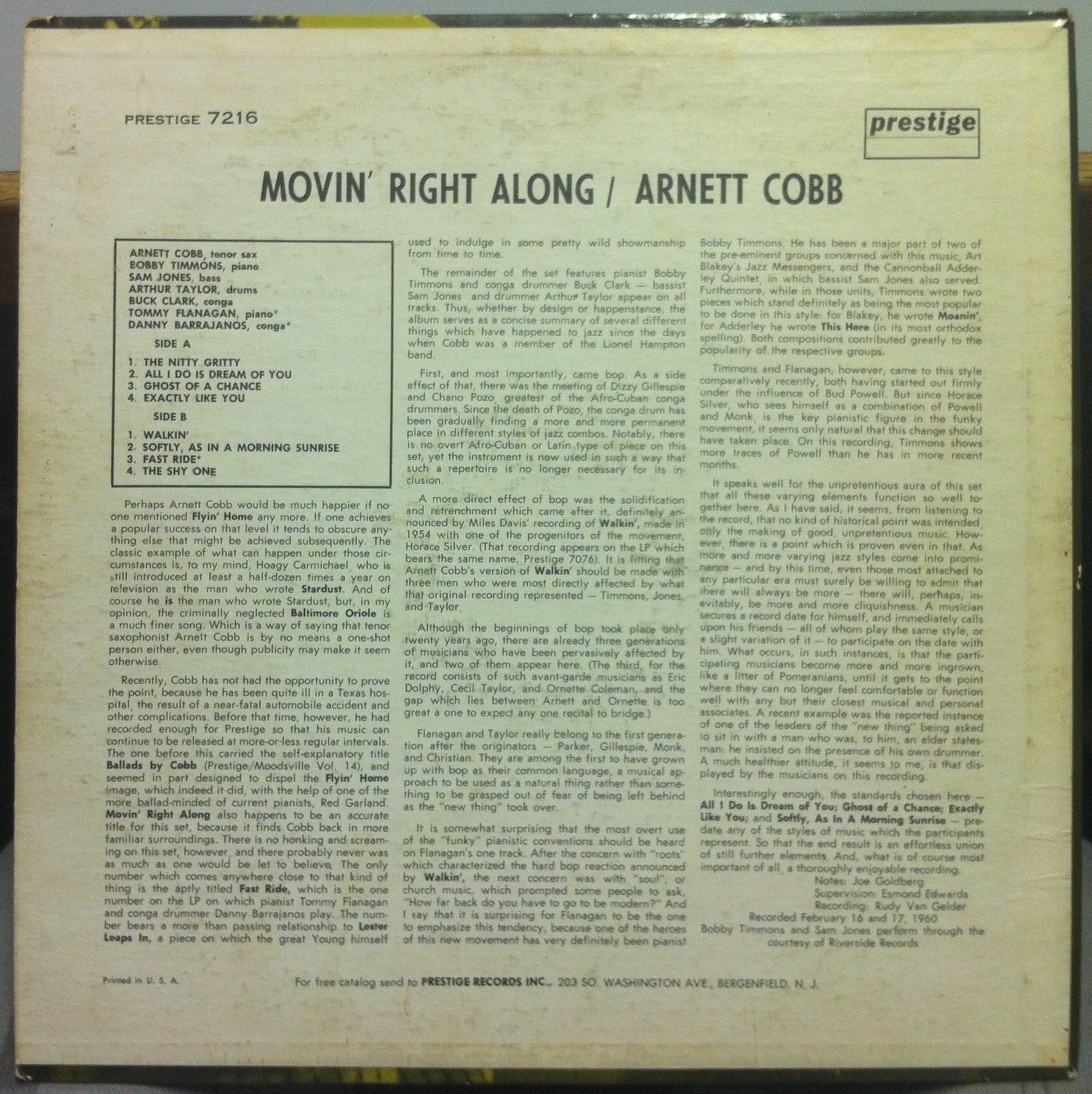 ARNETT COBB movin right along LP VG  PRLP 7216 RVG Van Gelder 1960 