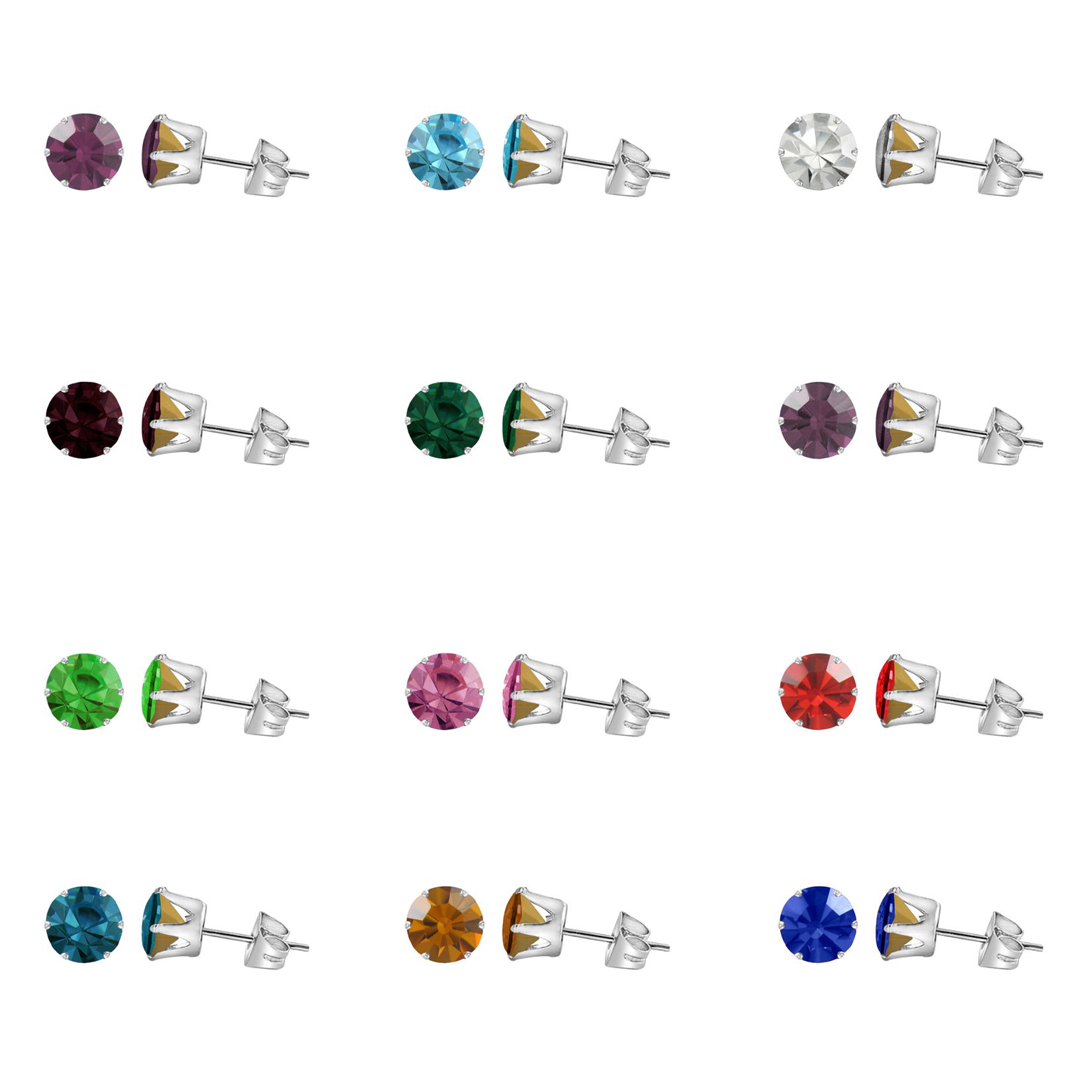   Silver 6 Prong Round 6mm Crystal Birthstone Stud Earrings