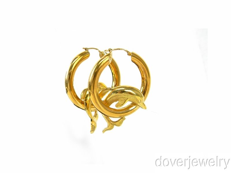 Estate 18K Gold Dolphin Large Hoop Earrings