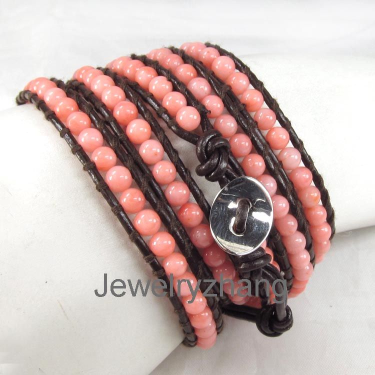Pink coral beads on brown leather 5 wrap bracelet handmade A04