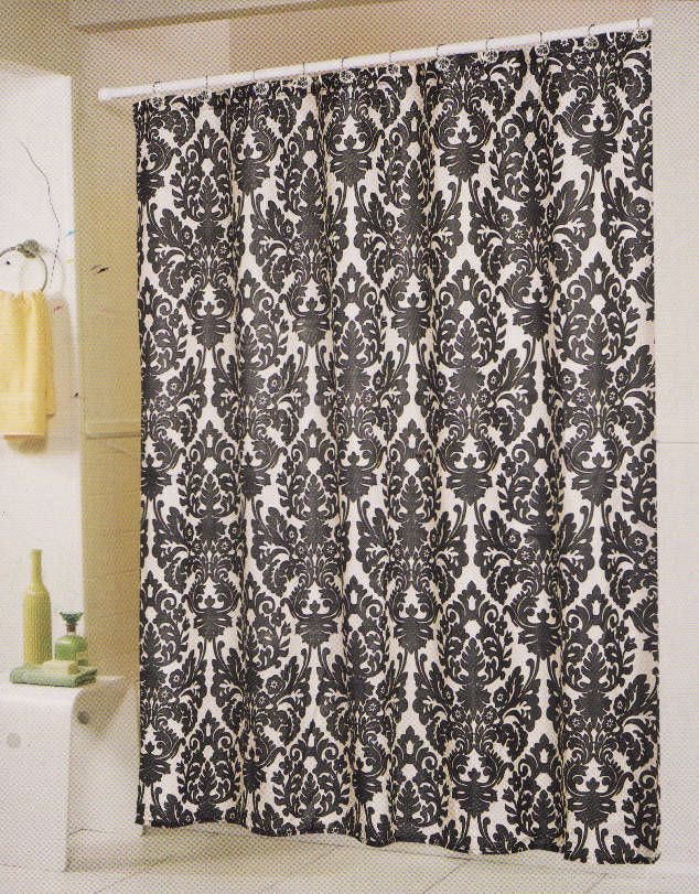 black and white medallion printed fabric shower curtain and matching 