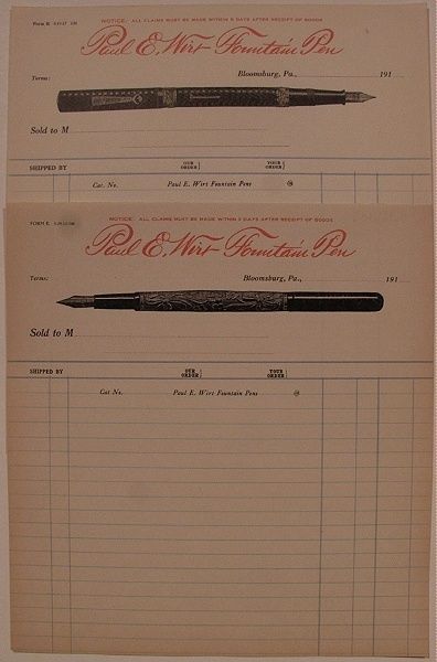   Paul E Wirt Fountain Pen Bloomsburg PA Billheads 1912 1917 Orig