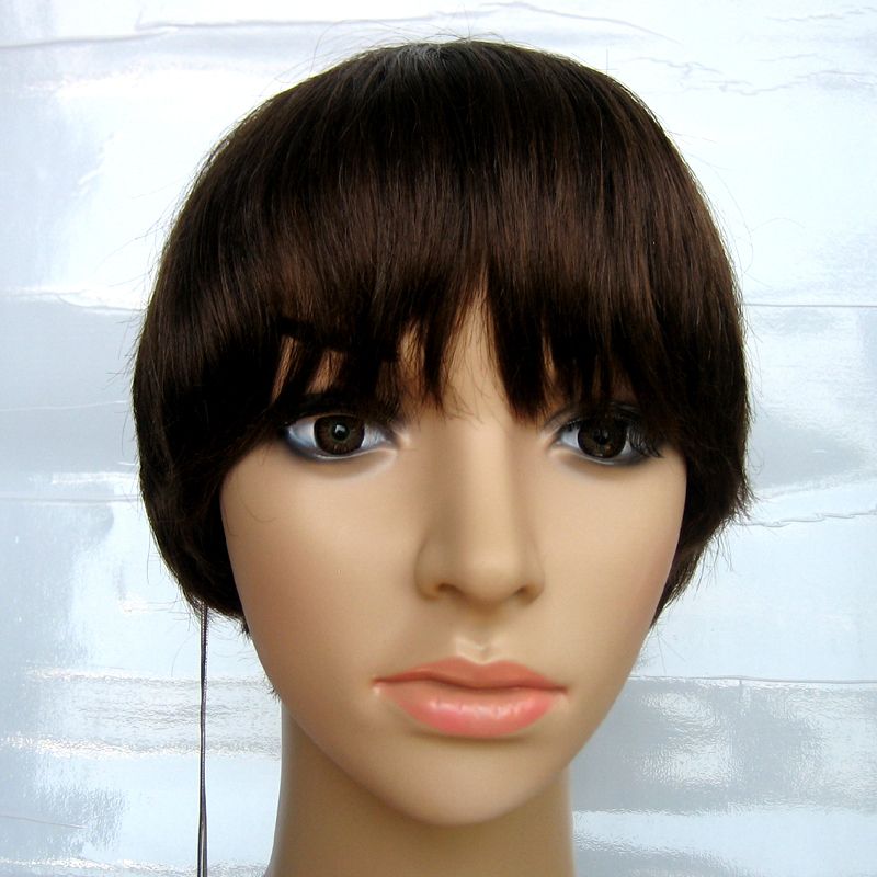 100 Human Hair Short Bob Wigs Skin Center Part Wig in Dark Brown 