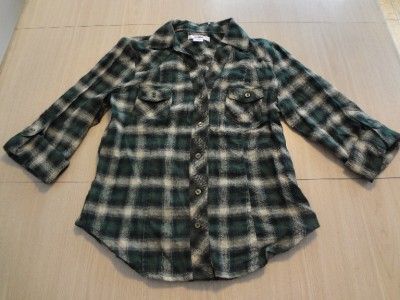 Bongo Junior size XL Green & Ivory Plaid Flannel Roll Up Sleeves Shirt 