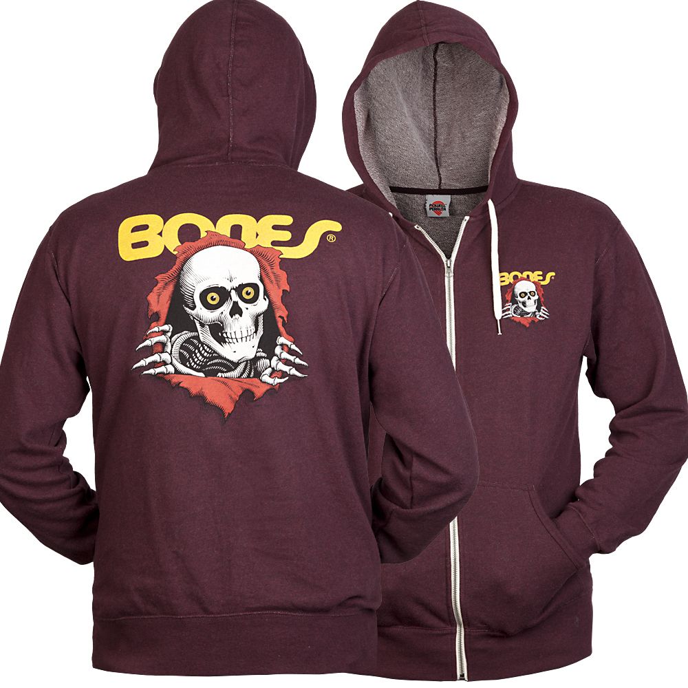 Powell Peralta Ripper Bones Brigade Burgundy Zip Up Hooded Sweatshirt 