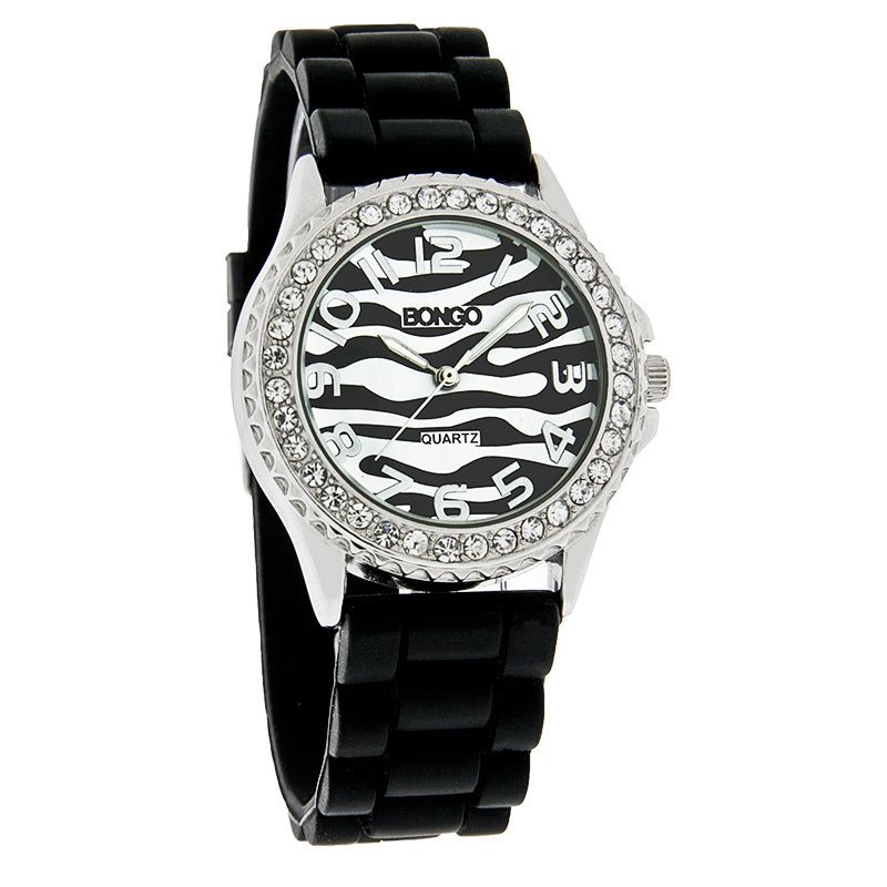 Bongo Crystal Ladies Black White Zebra Print Rubber Band Quartz Watch 