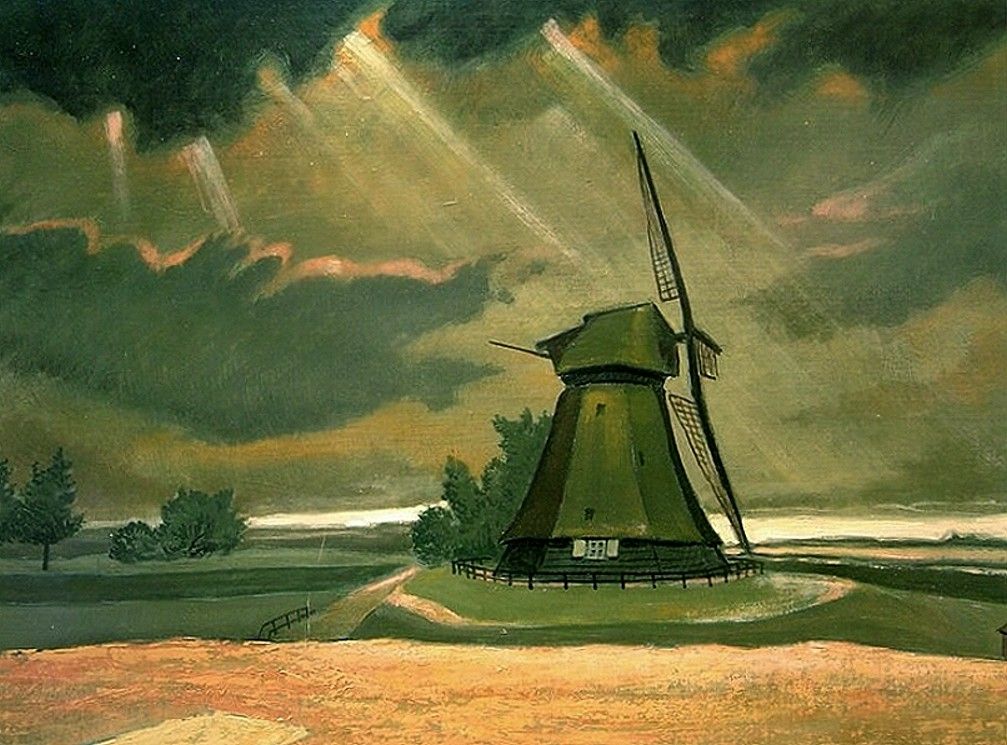 Oil Painting Alfred Brux Surreal Belgium Windmill Listd