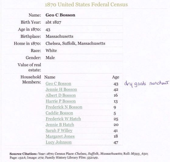   1870 and 1880 Census records for George Bosson, living in Chelsea, MA