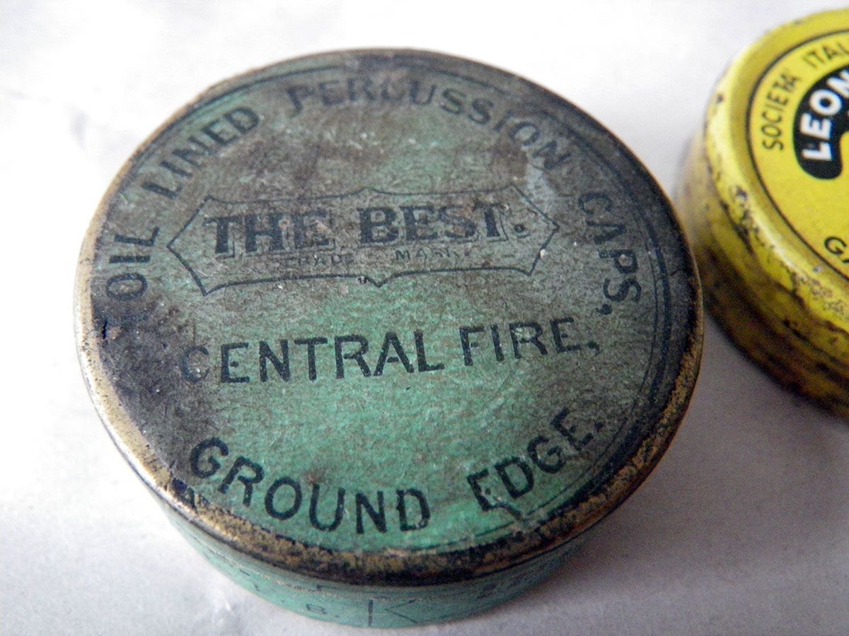 Pair antique Percussion Cap Tins One Civil War Era One Italian