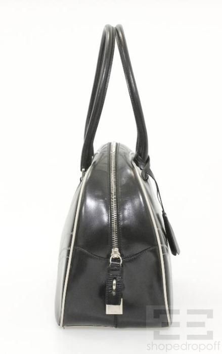 Prada Black Brushed Leather White Topstitched Bowler Bag