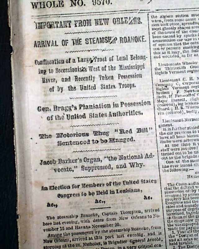 1862 Old Civil War Newspaper Braxton Braggs Plantation Captured Cove 