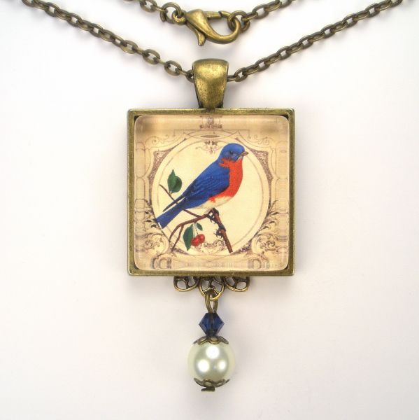   Bird Glass Pearl Pendant Brass Necklace Vintage Charm Jewelry