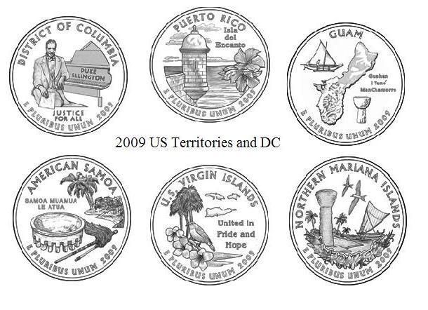 2009 Unc P or D US Territories and DC Quarter Set 6 coins free ship 
