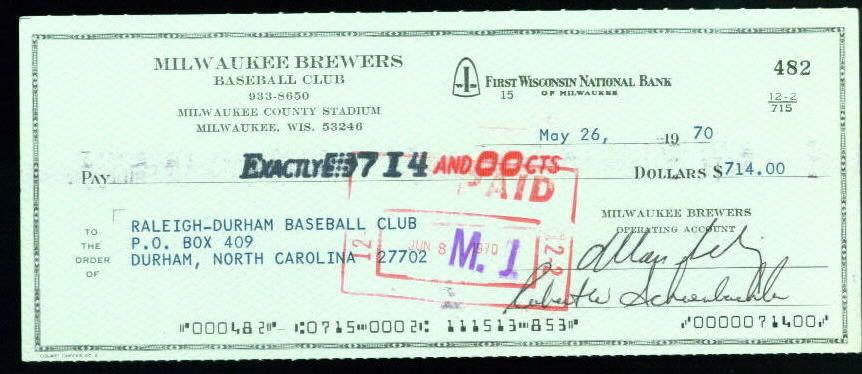 Bud Selig Milwaukee Brewers 1970 to Raleigh Durham Club Signed 