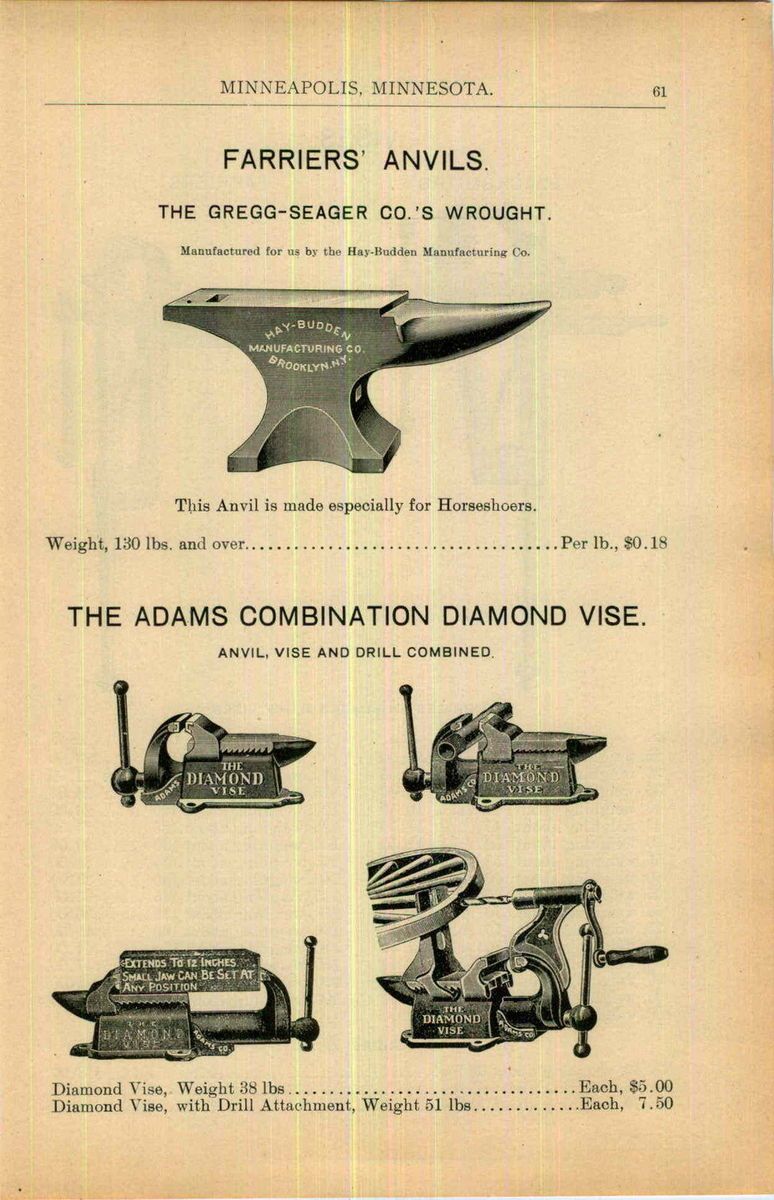 1896 Ad Hay Budden Farriers Snvils Horseshoers Adams Combination 