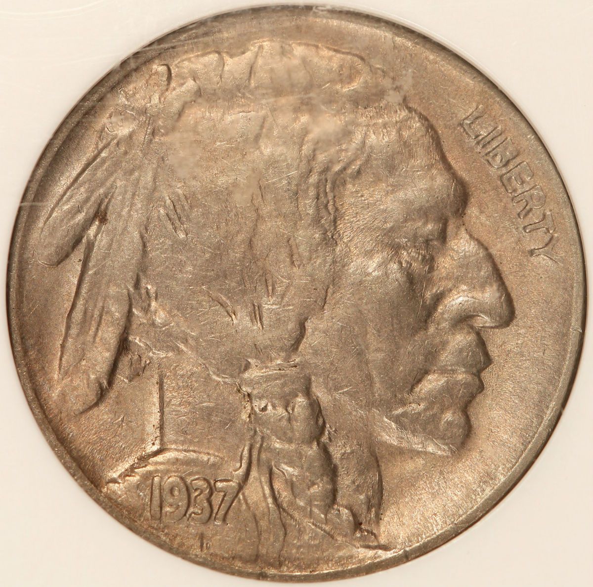 1937 D 5c Three Legged Buffalo Nickel NGC CAC AU 55