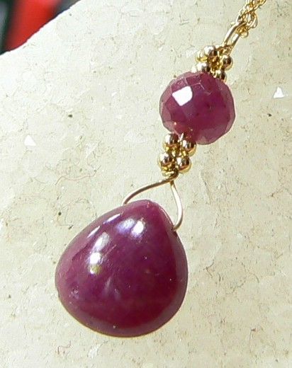 Genuine Natural Untreated Burmese Ruby Briolette 14k Gold Pendant 