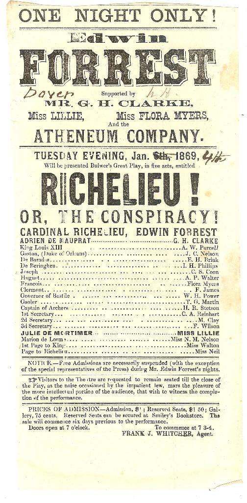 GREAT AMERICAN ACTOR EDWIN FORREST 1869 RICHELIEU BROADSIDE*