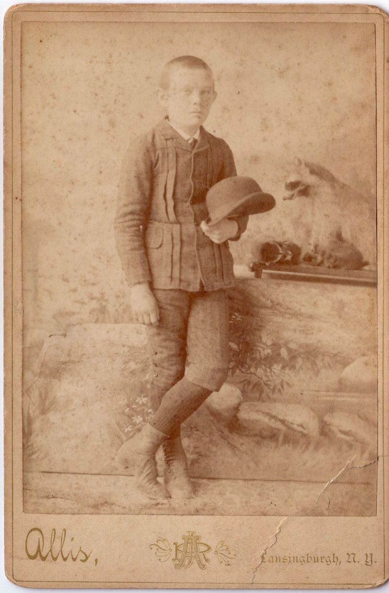 BOY DEAD RACCOONS Taxidermy Cabinet Card Photo LANSINGBURGH NY 