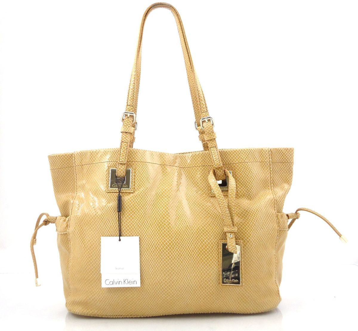 Calvin Klein Whip Snake Double Drawstring Tote Handbag Camel MSRP $148 