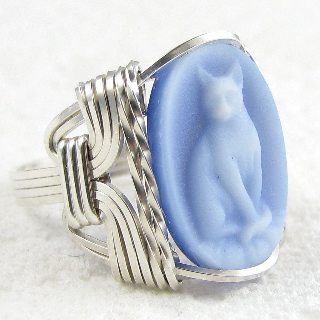 Siamese Cat Blue Agate Cameo Ring Sterling Silver