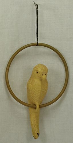 ART DECO ERA CELLULOID BALANCING CANARY BIRD ON A RING PERCH