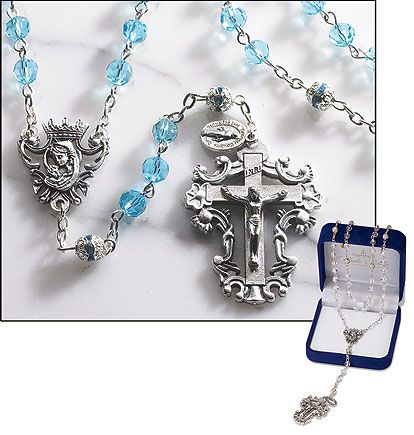 Catholic Aqua Blue Diamond Cut Crystal Rosary Special Cross and Center 