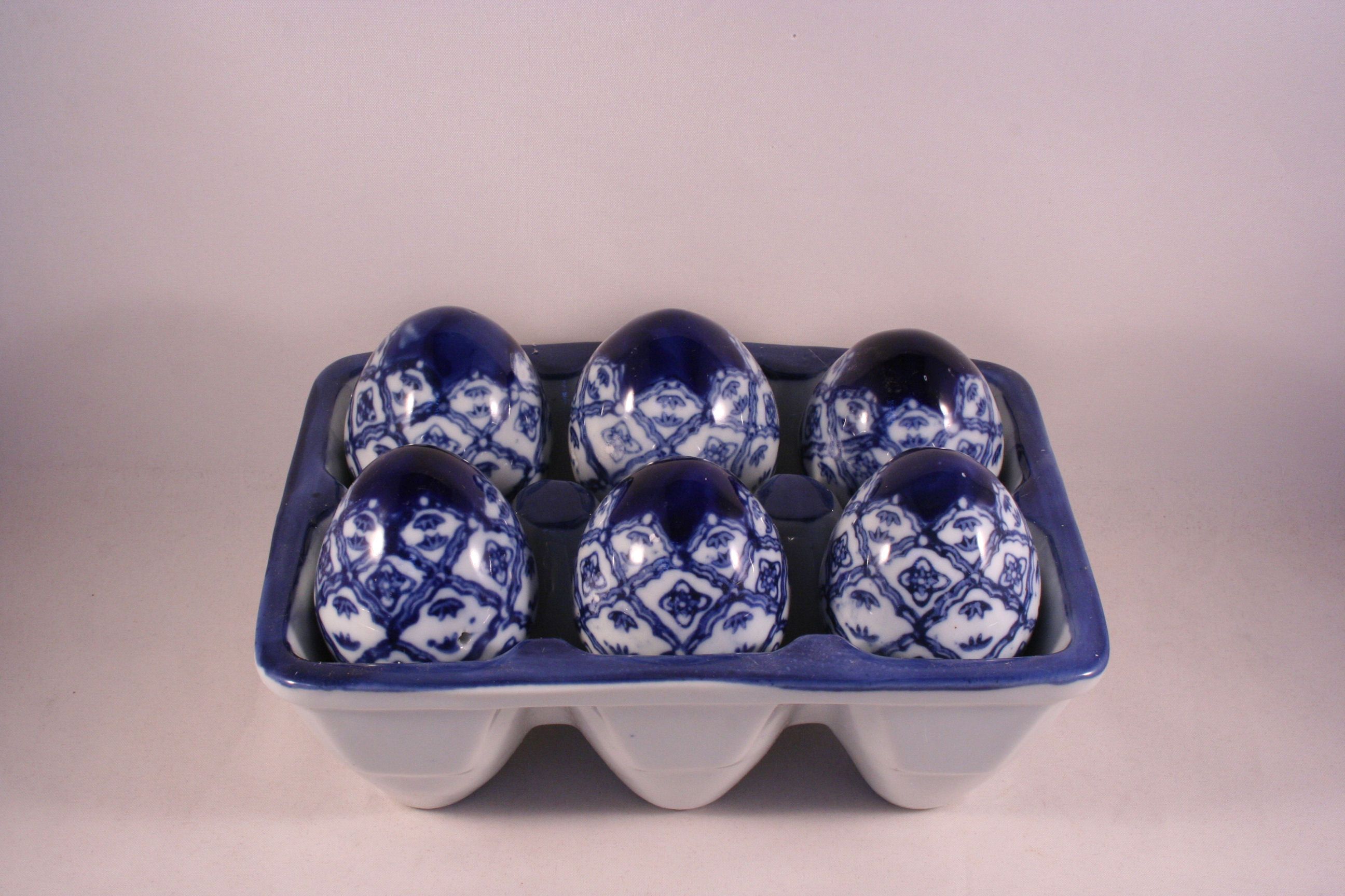 Blue White Willow Ceramic Eggs with Ceramic Crate Carton Container