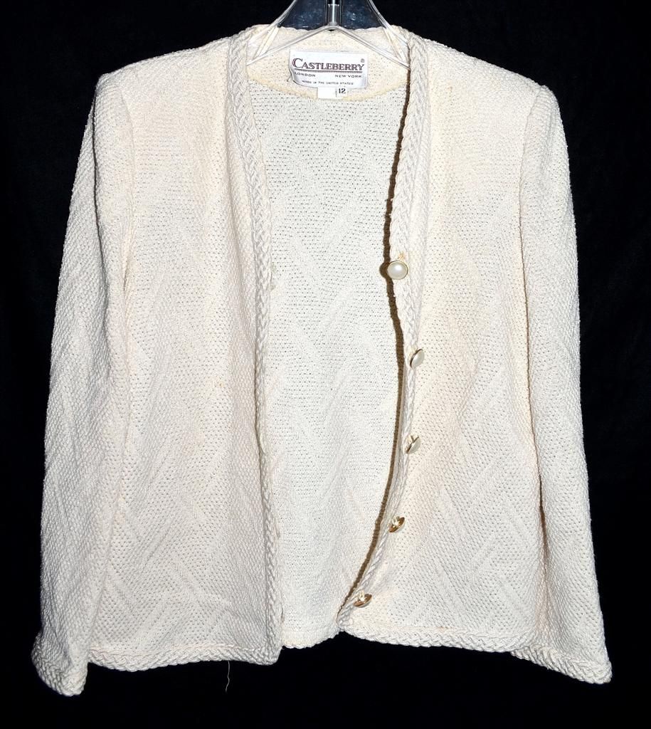 Vintage Castleberry Cream Woven Braided Knit Womans Jacket Skirt Suit 