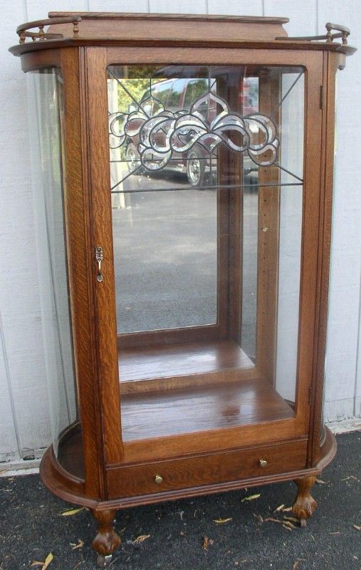 flat door oak china cabinet with leaded glass door and drawer