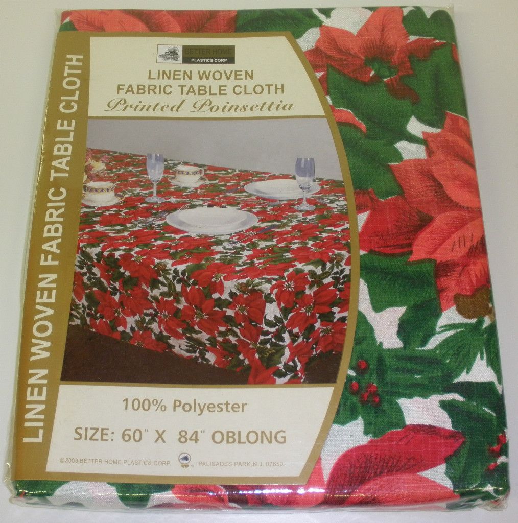 Christmas Poinsetta Design Fabric Tablecloth Linen Weave
