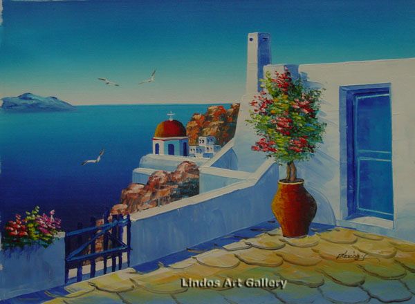 Greek Patio Red Church and Seaview Greece Oil Painting Hand Painted