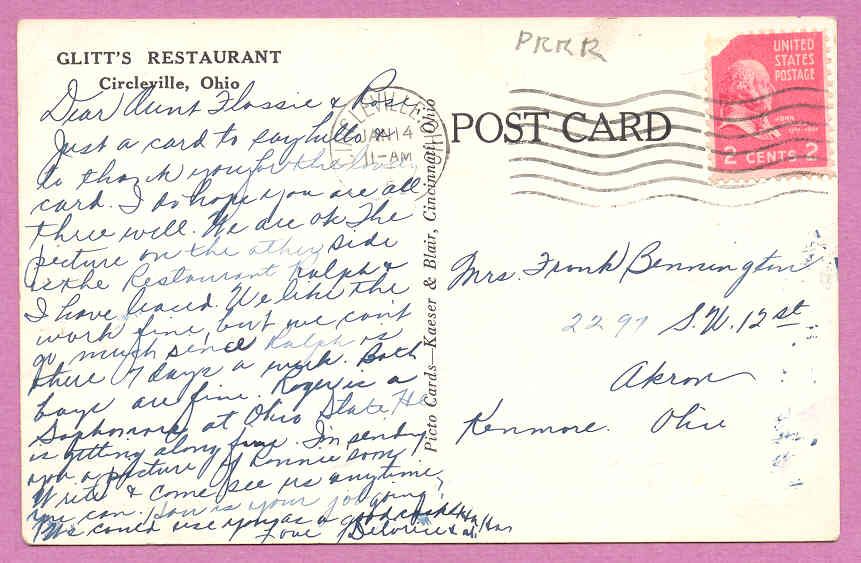 Circleville Ohio Glitts Restaurant c1940s Diner 13JH83