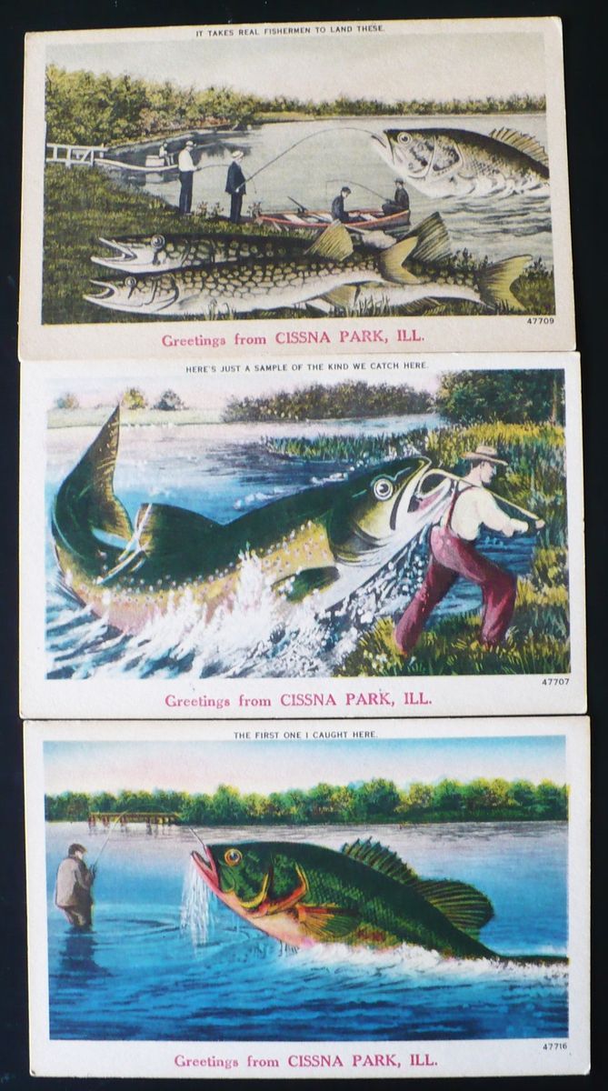 1940s Greetings from Cissna Park Illinois Exaggerated Fish and