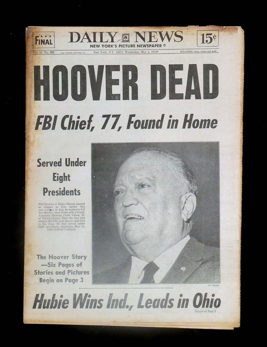  Hoover Death NY Daily News Newspaper FBI Bonnie & Clyde John Dillinger