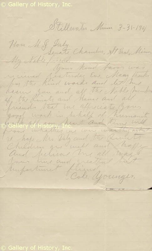 Cole Younger Autograph Letter Signed 03 31 1901
