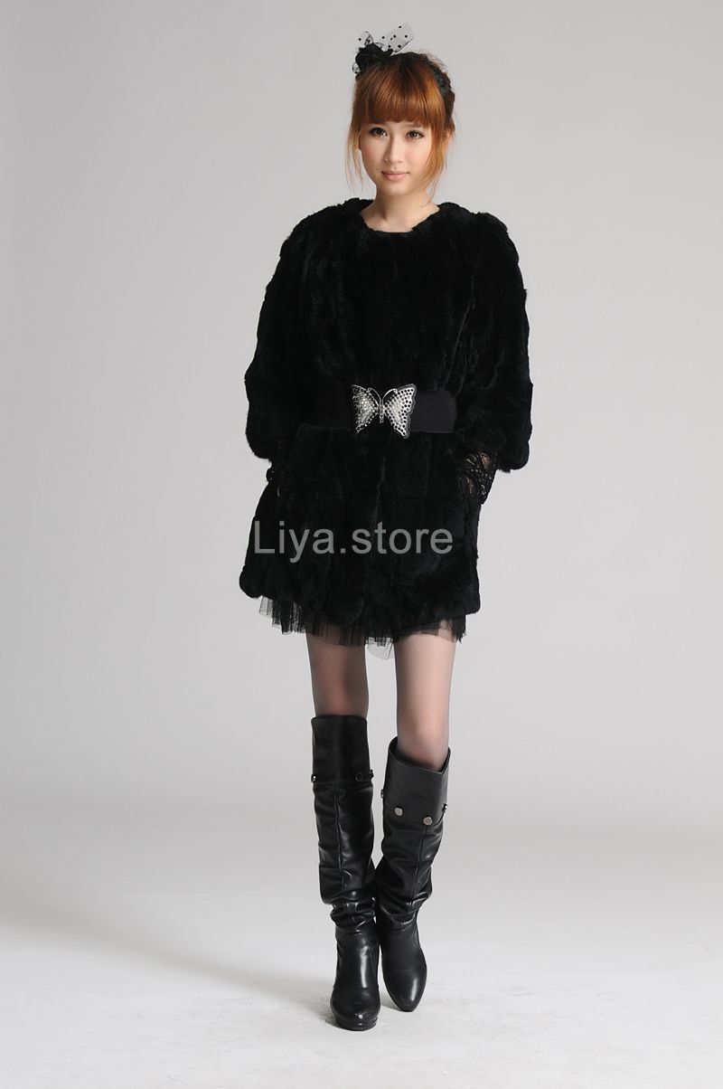 New Womens Ladys Black Real Rex Rabbit Fur Winter Long Warm Coat