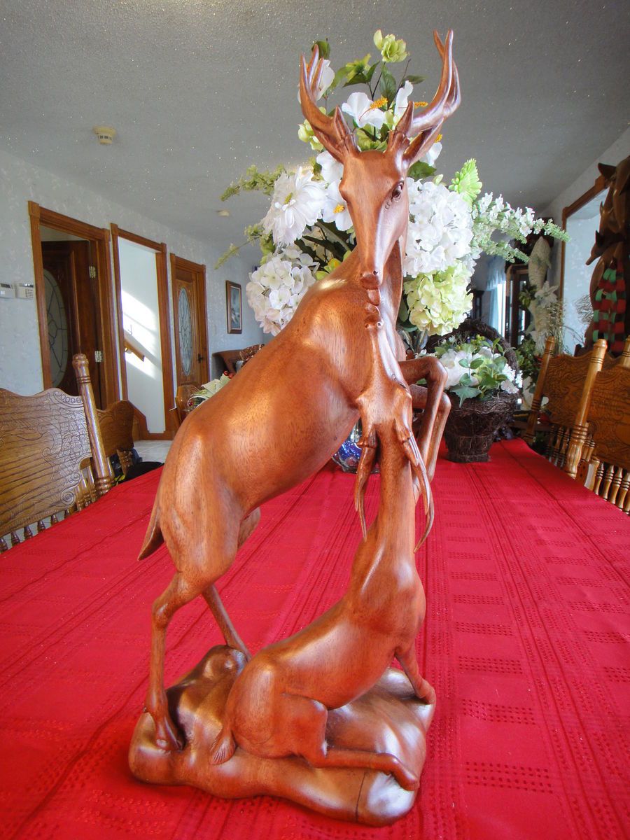 BEAUTIFUL HAND CARVED WOOD DEERS 20 X 10