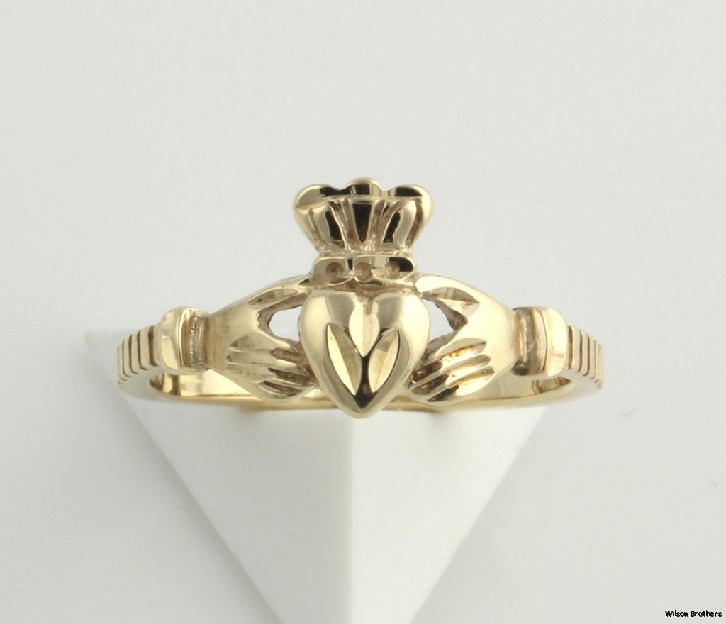 Claddagh Ring 10K Solid Yellow Gold Diamond Cut Irish Love Heart Hands