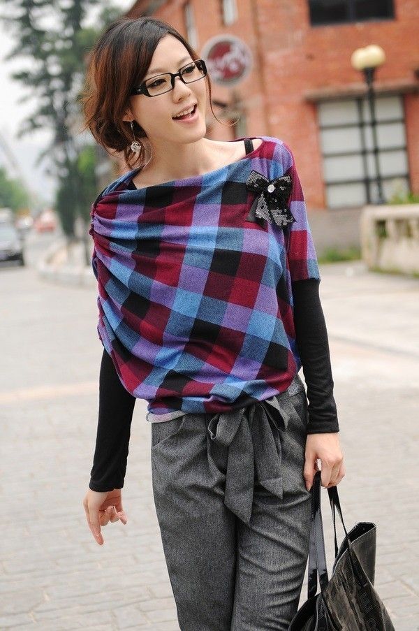 Classy Plaid Asym Bat Tops Blouse s Purple