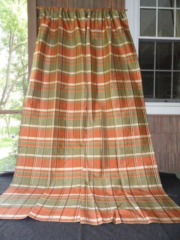 BEACON HILL LIBRARY COPPER GREEN PLAID SILK DRAPES CURTAINS french